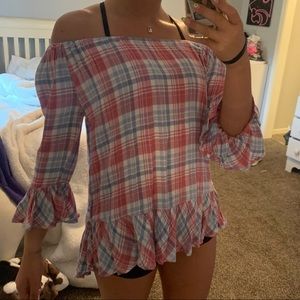 Plaid Off the Shoulder Top